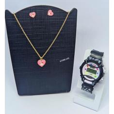 Kit Relógio Infantil Meninas Digital Esporte Silicone + Conjunto Colar