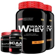 KIT 2x Whey Protein Waxy Whey 2kg + Glutamina 500g + BCAA 1800 120 Cáp
