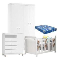 Quarto De Bebê 4 Portas Ternura Baby Com Berço Lara Branco Brilho Com 