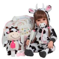 Boneca Bebê Reborn Realista Com Roupa De Vaquinha Completo - Cegonha R