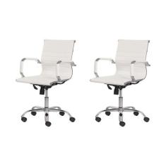 Kit 2 Cadeiras Escritório Stripes Diretor PU Branca Base Giratória Cro