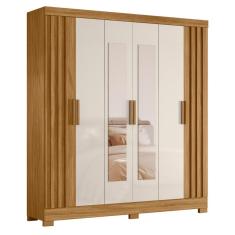 Guarda Roupa Casal Ripado Manila 6 Portas 2 Gavetas MDP com Espelho Freijó-Off White Casa H Moval
