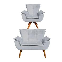 Kit Namoradeira 2 Lugares e 1 Poltrona Decorativa Giratória Madeira Opla Suede Cinza - Ibiza
