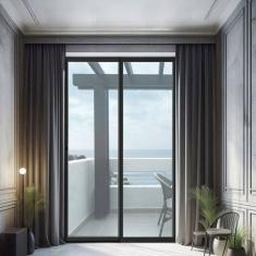 Porta de Correr de Aluminio 210x120cm 2 Folhas Moveis e 1 Folha Fixa Preto