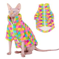 Casaco de lã de inverno para gatos com zíper, moletom com capuz de lã arco-íris quente outono e inverno, Sphynx Cats Chihuahua Yorkie filhote de cachorro de duas pernas, casaco de gato fácil de usar