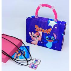 Kit Bolsa Infantil Mini Bag Cute Alça Pérola Personagem Disney Stitch e Lilo Angel + Colar Duplo Amizade Best Friends
