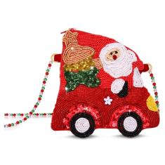 NVENF Bolsa transversal de Natal feminina com contas de árvore de Natal com renas e botas de ombro acessórios de Natal presentes, Vermelho