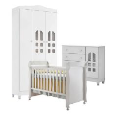 Quarto de Bebê New Selena 3 Portas com Cômoda Selena e Berço Mirelle Branco Brilho – Carolina Móveis