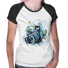 Baby Look Raglan Câmera Fotográfica - Foca na Moda, Branco, Preto, GGG