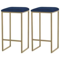 Kit 2 Banqueta Decorativa Billie Base Gold Veludo Azul G41 - Gran Belo