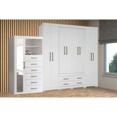 Guarda Roupa 2 Peças Casal QC126 9 Portas de Bater 10 Gavetas MDP com Pés e Cabideiro Branco