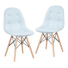 Kit - 2 X Cadeiras Estofadas Eames Eiffel Botonê - Base De Madeira Clara - Azul Claro