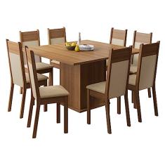 Conjunto Sala de Jantar Madesa Panamá Mesa Tampo de Madeira com 8 Cadeiras - Rustic/Crema/Pérola