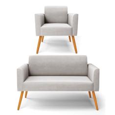 Sofá Namoradeira Com Poltrona Pés Palito Castanho Marisa Veludo D03 - D\`rossi Cor Cinza