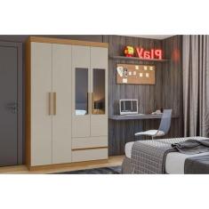 Guarda Roupa Solteiro 4 Portas e 2 Gavetas c/ Espelho Zeus Amêndoa/Off