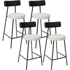 Kit 04 Banquetas Baixa Cozinha Sala Jantar Milão L02 Couríssimo Preto Linho Champagne