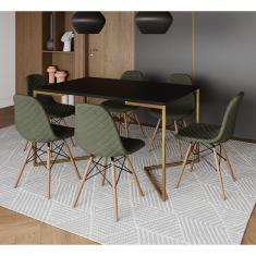 Mesa Industrial Retangular Preta Base V Dourada 137x90cm com 6 Cadeiras Estofadas Verdes Madeira 