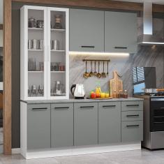 Armário De Cozinha Completa 190cm Com Cristaleira Agata Madesa Branco Cinza