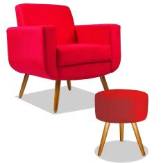 Combo Poltrona Decorativa Cristal com Puff Redondo Pés Madeira Suede Vermelho