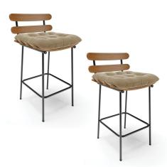 Kit 02 Banquetas Suede Marrom Rato Base Metálica Preto