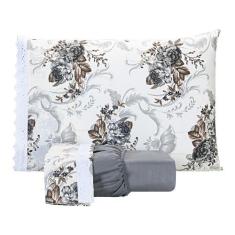 Jogo De Lençol Estampado Casal Queen 03 Peças Flores Cinza - Bordados 