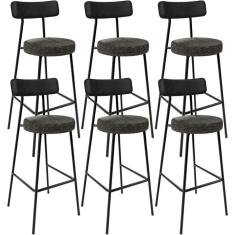 Kit 06 Banquetas Alta Bar Cozinha Sala De Jantar Milão L02 Couríssimo Preto Linho Chumbo - Lyam Decor