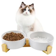 MUYG Tigelas de cerâmica para gatos com suporte de bambu, conjunto de tigela de comida e água para cães pequenos, sem derramamento, pratos modernos e pesados para cães pequenos, filhotes, gatos,