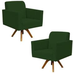 Kit 02 Poltronas Decorativas Base de Madeira Helô L02 Suede Verde Musg