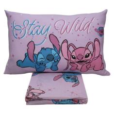 Jogo De Cama Portallar Solteiro Malha Mista Joy Disney Stitch E Angel Love 02 Peças Rosa