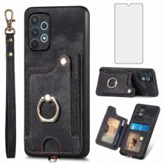 Capa de telefone para Samsung Galaxy A32 5G 2021 16.5 cm capa carteira com protetor de tela de vidro temperado alça de pulso cordão suporte de cartão RFID anel suporte M32 G5 A 32 32A S32 SM-A326U