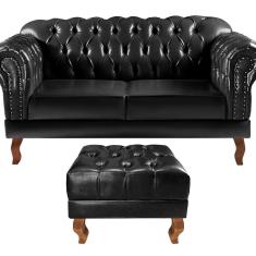 Sofá 2 Lugares com Puff Decoração Sara Recepção Dom Pedro Chesterfield Preto