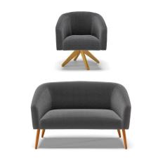 Kit 1 Sofá Namoradeira E 1 Poltrona Stella Bouclê Grafite Base De Madeira Ma30 - D`rossi