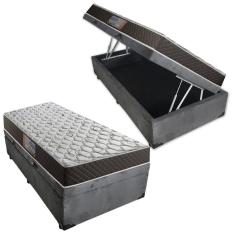 Cama Box Baú Solteiro Colchão Mola Ensacada Acolchões + Box Suede 61x88x188