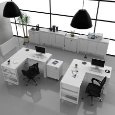 Kit 7 Peças 2 Mesas L com 1 Gaveteiro 2 Balcões e 2 Balcões 3 Portas Espresso Móveis Branco