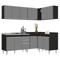 Armário De Cozinha Modulado De Canto 6 Peças Cp30 Com Pia Inox Preto/cinza - Lumil