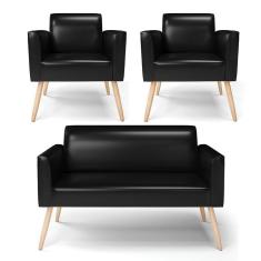 Sofá Namoradeira Com 2 Poltronas Pés Palito Natural Marisa Corano D03 - D\'rossi Cor Preto