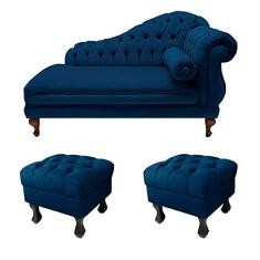 Recamier Divã Namoradeira Larissa 150cm + 2 Puffs Retrô Suede Azul Marinho - LM DECOR