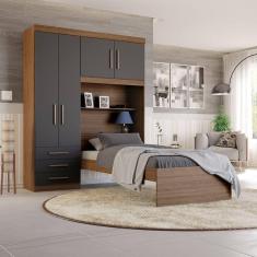 Guarda-Roupa Solteiro com Cama Solteiro 4 Portas 3 Gavetas Advantage Ipê Wood/Grafite