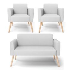 Sofá Namoradeira Com 2 Poltronas Marisa Linho Cinza Natural D'Rossi