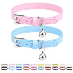 PUPTECK 2 coleiras de couro genuíno macio para gatos com sinos ajustáveis para meninas, meninos, gatos, filhotes - rosa, azul