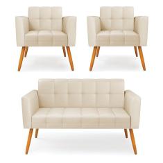 Kit 1 Sofá Namoradeira E 2 Poltronas Elisa Corino Bege Pés Palito Castanho - D`rossi