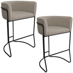 Kit 02 Banquetas Alta com Encosto Betina Base Preto Poliéster Bege Esc