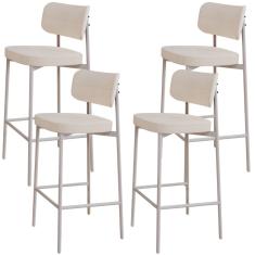 Kit 04 Banquetas Alta Bar Cozinha Sala De Jantar Aço Branco Kaira C01 Linho Palha - Lyam Decor