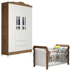 Berço Americano Lara e Guarda Roupa Ariel 4 Portas Branco Acetinado Amadeirado - Carolina
