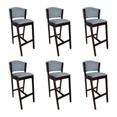 Kit 6 Banquetas Alta de Madeira Maciça Castanho Premium Ana com Encosto Linho Cinza