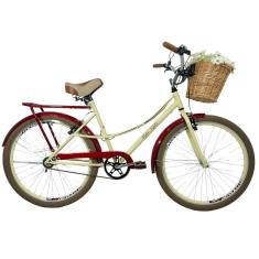 Bicicleta Retrô Vintage Aro 26 Cesta Feminina Bege/Vermelho