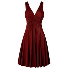Vestido feminino plus size com decote em V, retrô, plissado, saia rodada, vestido de sol para mulheres, festa casual, Vermelho, XXG