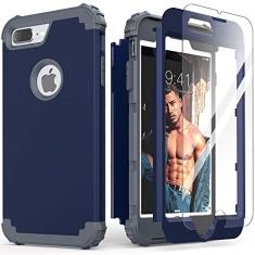 IDweel Capa para iPhone 8 Plus, capa para iPhone 7 Plus com protetor de tela de vidro temperado, 3 em 1, à prova de choque, fina, híbrida, resistente, capa de policarbonato macio, amortecedor de