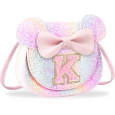 Presentes de aniversário para meninas de 2, 3, 4, 5, 6, 7, 8, 9 e 10 anos de idade, bolsa infantil infantil para meninas pequenas com laço de orelha de rato personalizado, Grande-glitter-pinkletter,