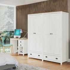 Conjunto Quarto: Guarda-Roupa 4 Portas, Escrivaninha 2 Gavetas Branco/Freijó Topázio Madeira Pinus - Finestra